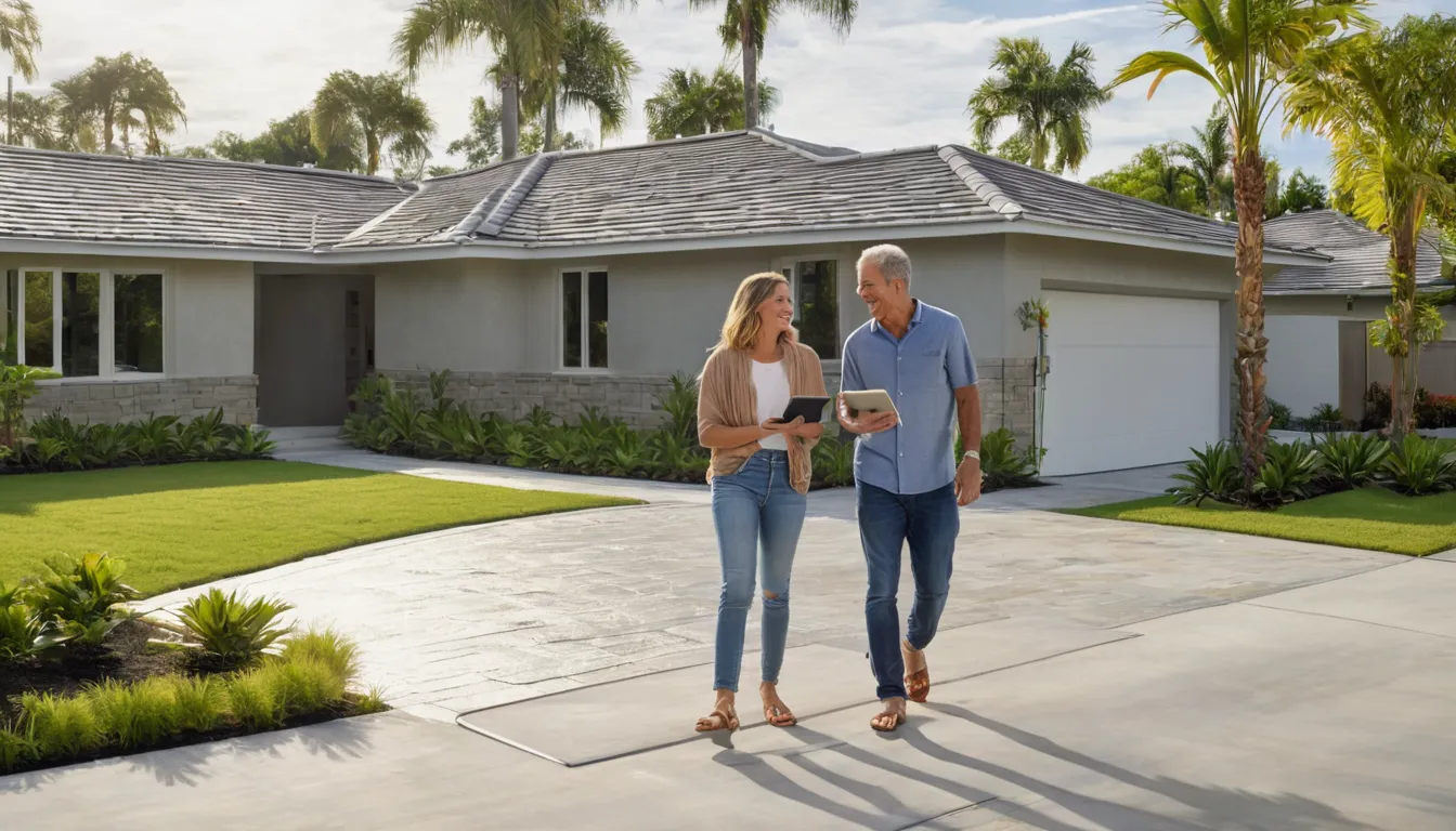 A newly poured broom-finished concrete driveway beside a single-story block home in the DeBary area