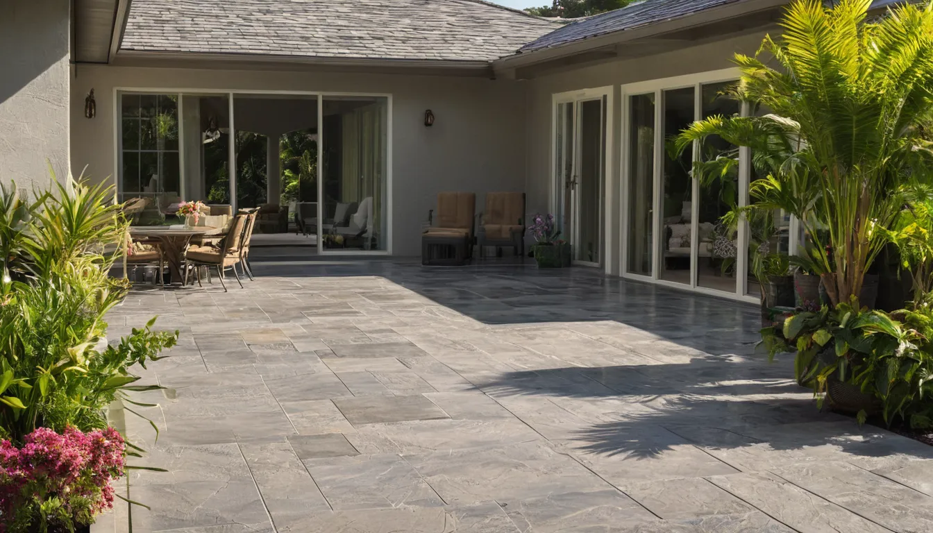 Stamped concrete patio with a stone pattern behind a block home in DeBary